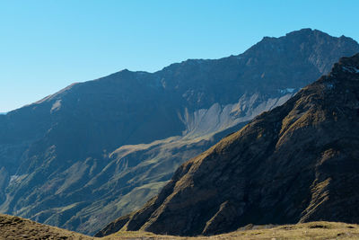 Scenic view of mountains against clear blue sky