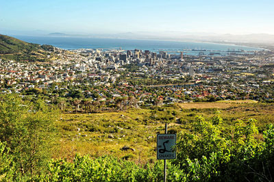 High angle shot of townscape against sky