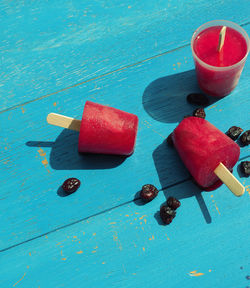 High angle view of ice cream on table