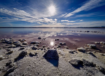 Scenic view of rocks on beach against sky