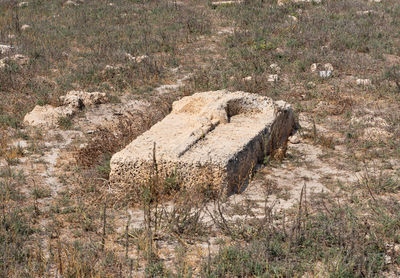 High angle view of old ruin on field