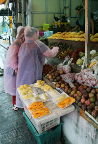 Rear view of man for sale at market stall