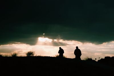 Silhouette of people on field at sunset