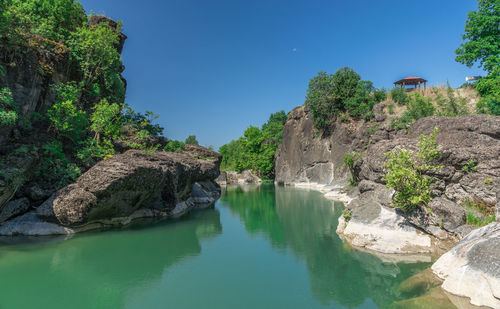 Scenic view of river against clear blue sky