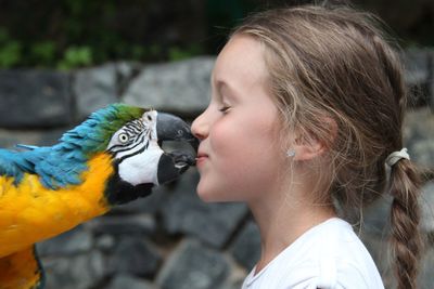 Close-up of girl kissing macaw