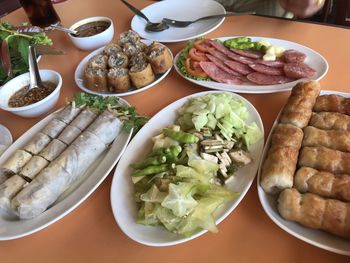 High angle view of food served on table