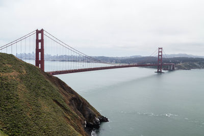 View of suspension bridge in city