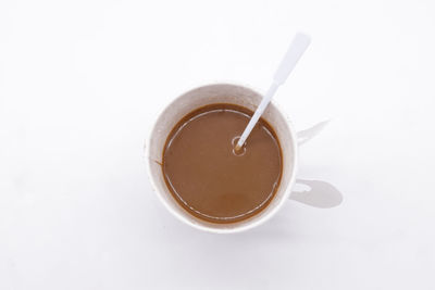 Directly above shot of coffee cup against white background