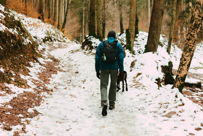 Rear view of man walking on footpath