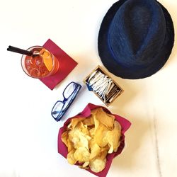 Directly above shot of food and drink served on table