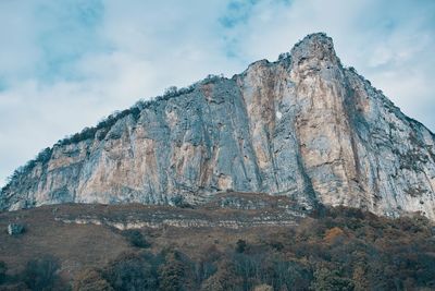 Low angle view of rock formation against sky