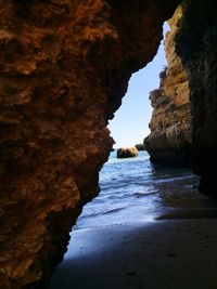 Rock formations in sea against sky