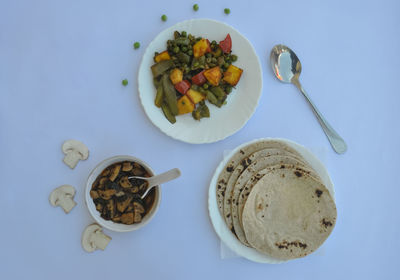 High angle view of breakfast on table