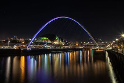 Illuminated bridge over river at night