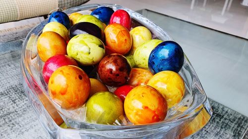 High angle view of fruits in basket on table