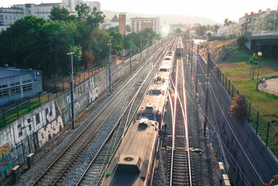 High angle view of train on railroad tracks