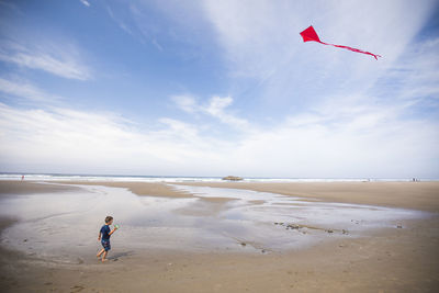 Toddler boy flying red kite at beach.