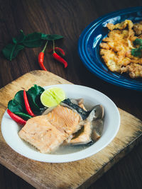 High angle view of fish in plate on table