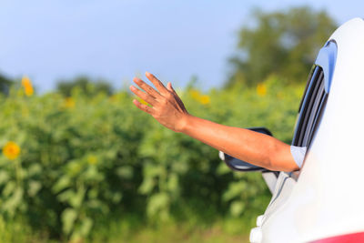 Close-up of hand waving from car