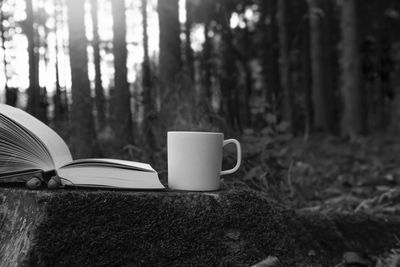 Close-up of coffee cup by book against trees in forest