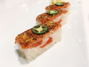 Close-up of sushi served in plate