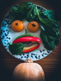 High angle view of fruits and vegetables on table