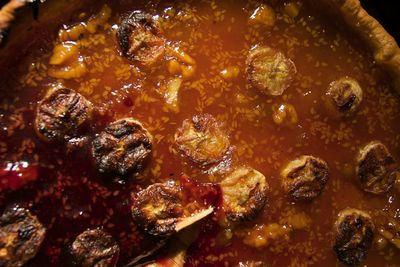 High angle view of meat in gravy