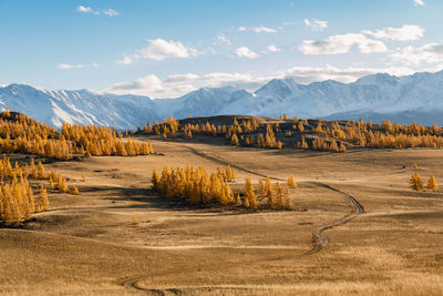 Scenic view of landscape and mountains against sky