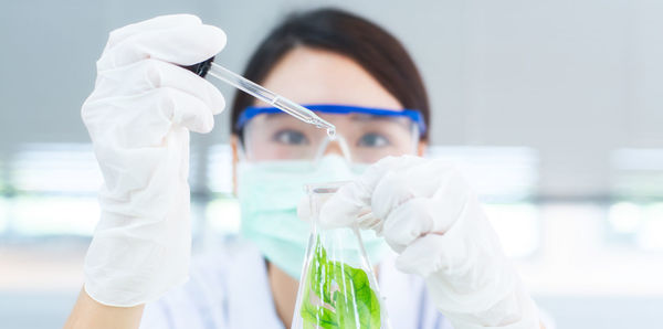 Close-up of female scientist experimenting in laboratory