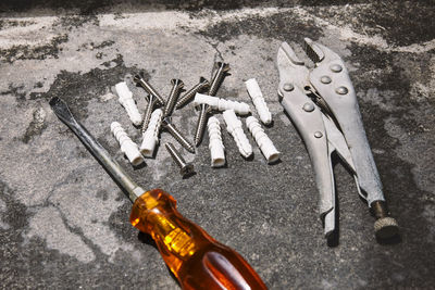 High angle view of objects on table