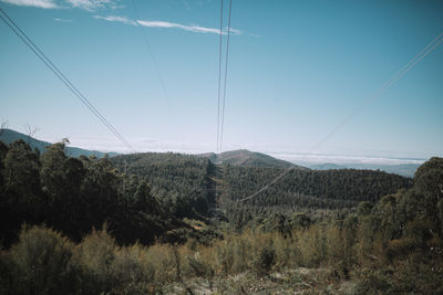 Electricity pylons on landscape against sky