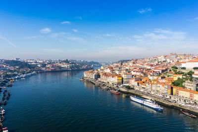 High angle view of river and cityscape against sky