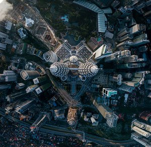 High angle view of illuminated buildings in city