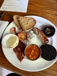 High angle view of food in plate on table