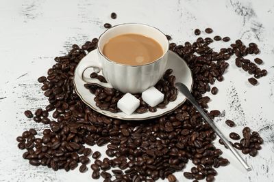 High angle view of coffee cup on table