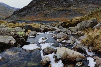 River stream amidst rocks against mountain