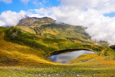 Scenic view of lake and mountains against sky