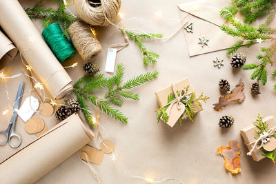 High angle view of christmas decorations on table