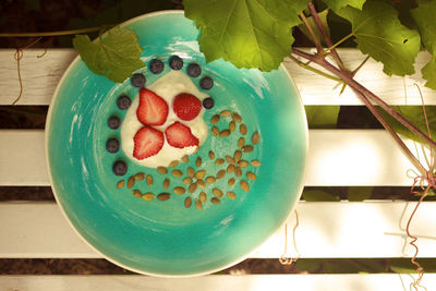 Close-up of fruits in plate on table