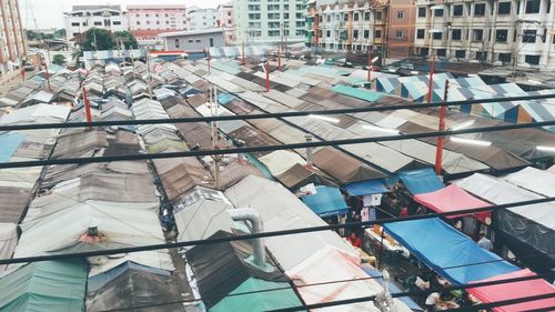 High angle view of people in city