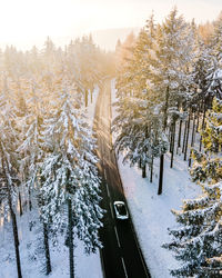 Aerial winter road scene in hessen, germany