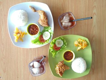 High angle view of breakfast served on table