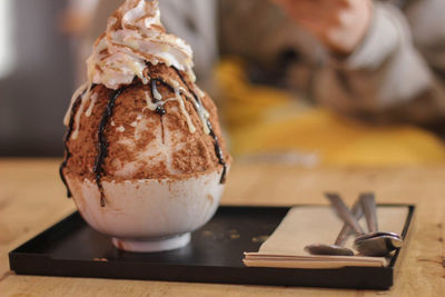 Close-up of chocolate cake on table