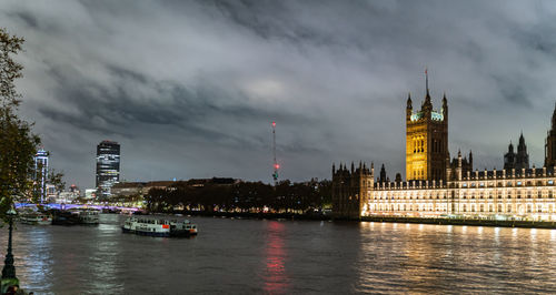 Buildings by river against cloudy sky