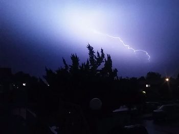 Lightning over silhouette trees against sky at night