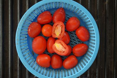 High angle view of tomatoes in basket