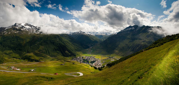 High angle view of mountains against sky