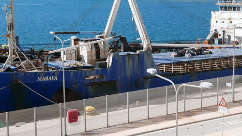 High angle view of boats moored at harbor