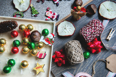 High angle view of christmas decorations on table