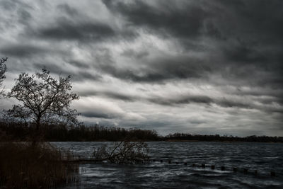 Scenic view of lake against cloudy sky